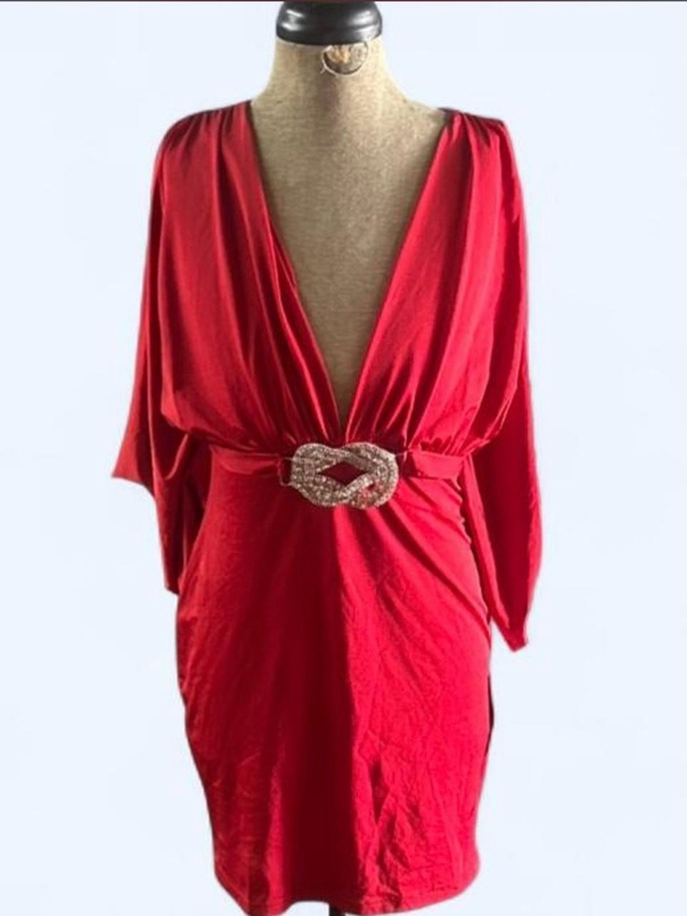 Red Deep V Cocktail Dress with Rhinestone Buckle
